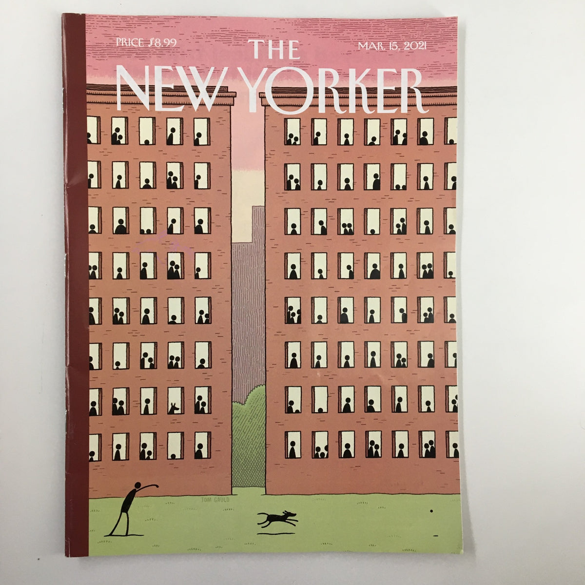 Cover of The New Yorker Magazine March 15, 2021, featuring the illustration 'Captive Audience' by Tom Gauld, showcasing a whimsical urban scene with figures in windows and a dog in the foreground.