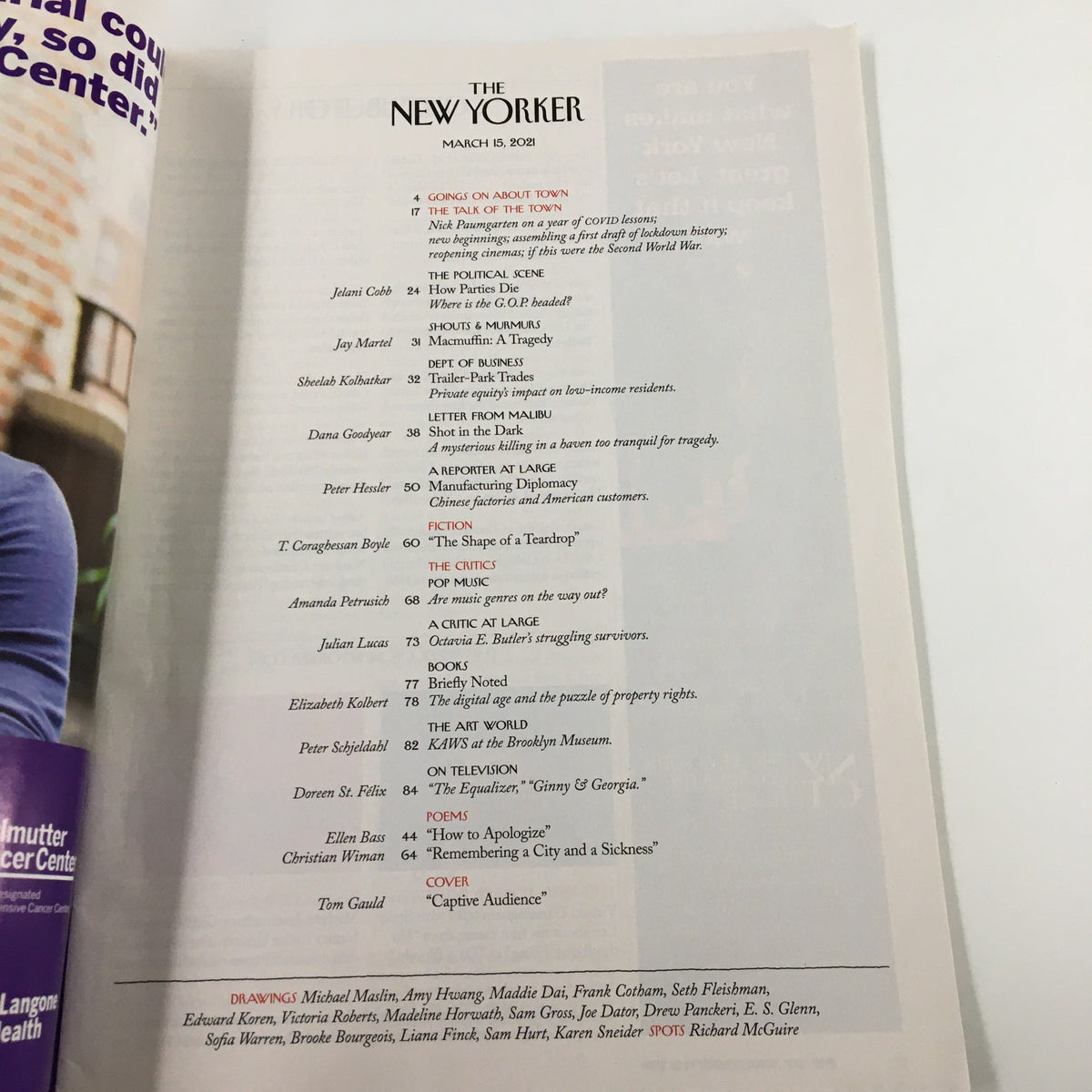Table of contents for The New Yorker magazine March 15, 2021, featuring articles and contributors, including 'Captive Audience' by Tom Gauld.