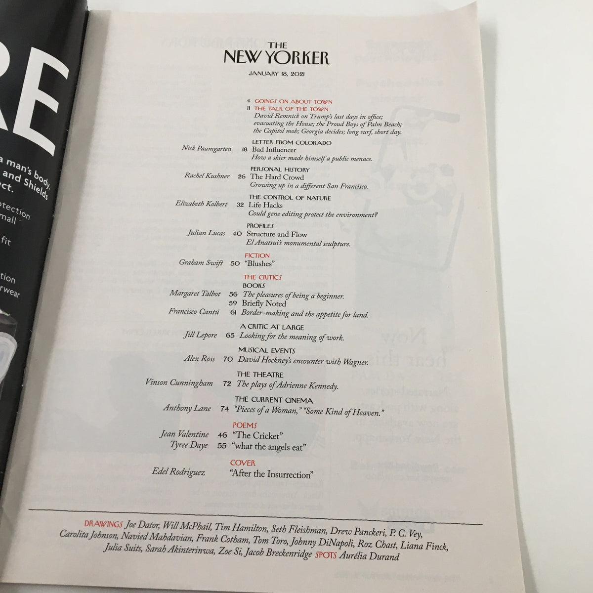 Inside The New Yorker Magazine dated January 18, 2021, showcasing the table of contents with various articles and the cover story titled 'After the Insurrection'.