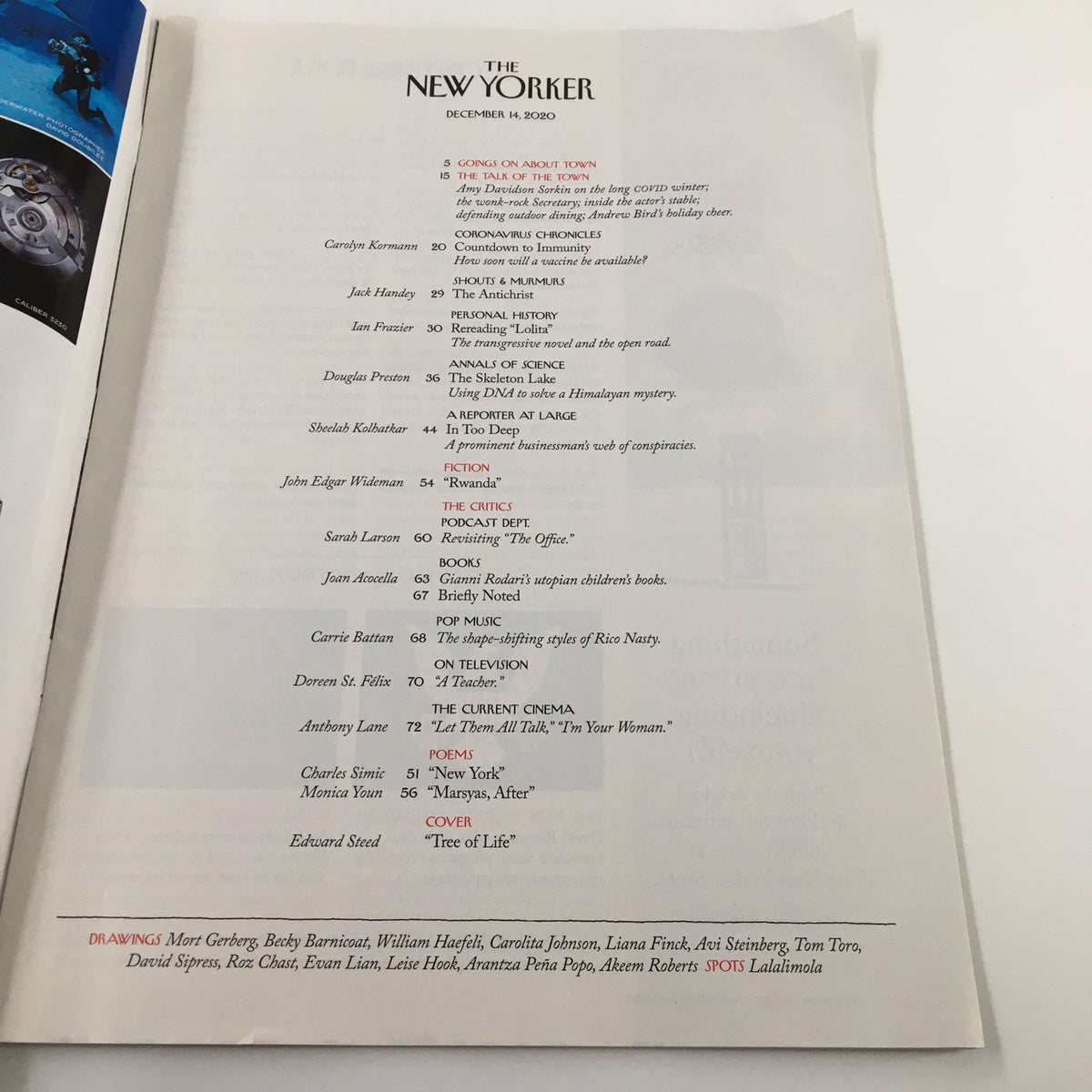 Table of contents from The New Yorker Magazine December 14 2020 featuring the Tree of Life by Edward Steed, highlighting articles and contributors.