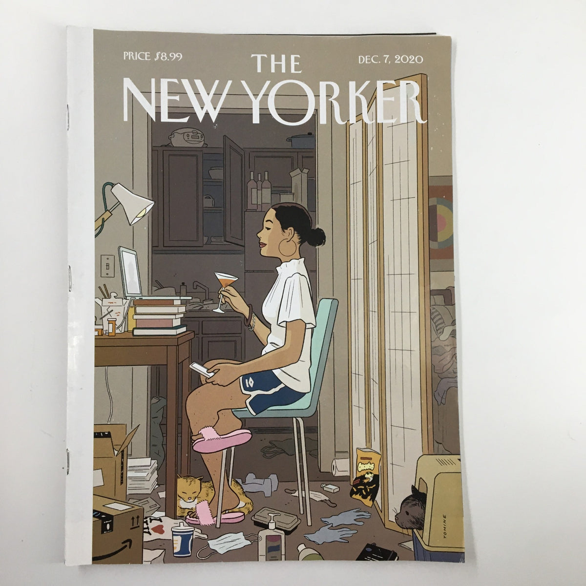 Cover of The New Yorker Magazine, December 7, 2020, featuring 'Love Life' by Adrian Tomine, illustrating a woman relaxing amidst a cluttered background.