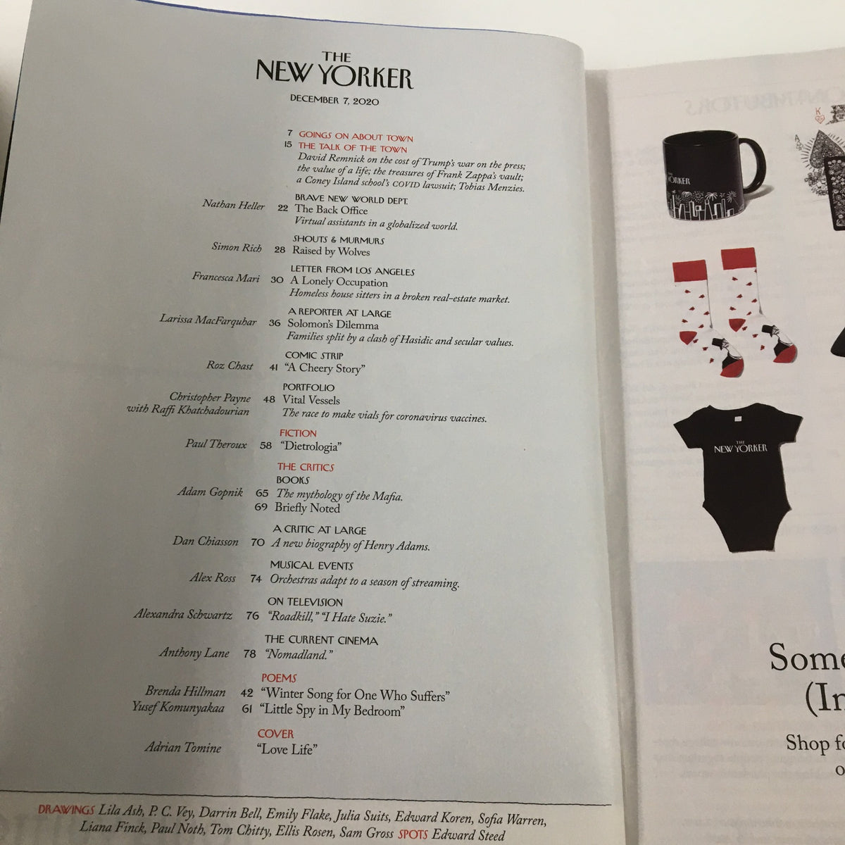 Table of contents from The New Yorker Magazine, December 7, 2020, showcasing featured articles and the 'Love Life' cover illustration by Adrian Tomine.
