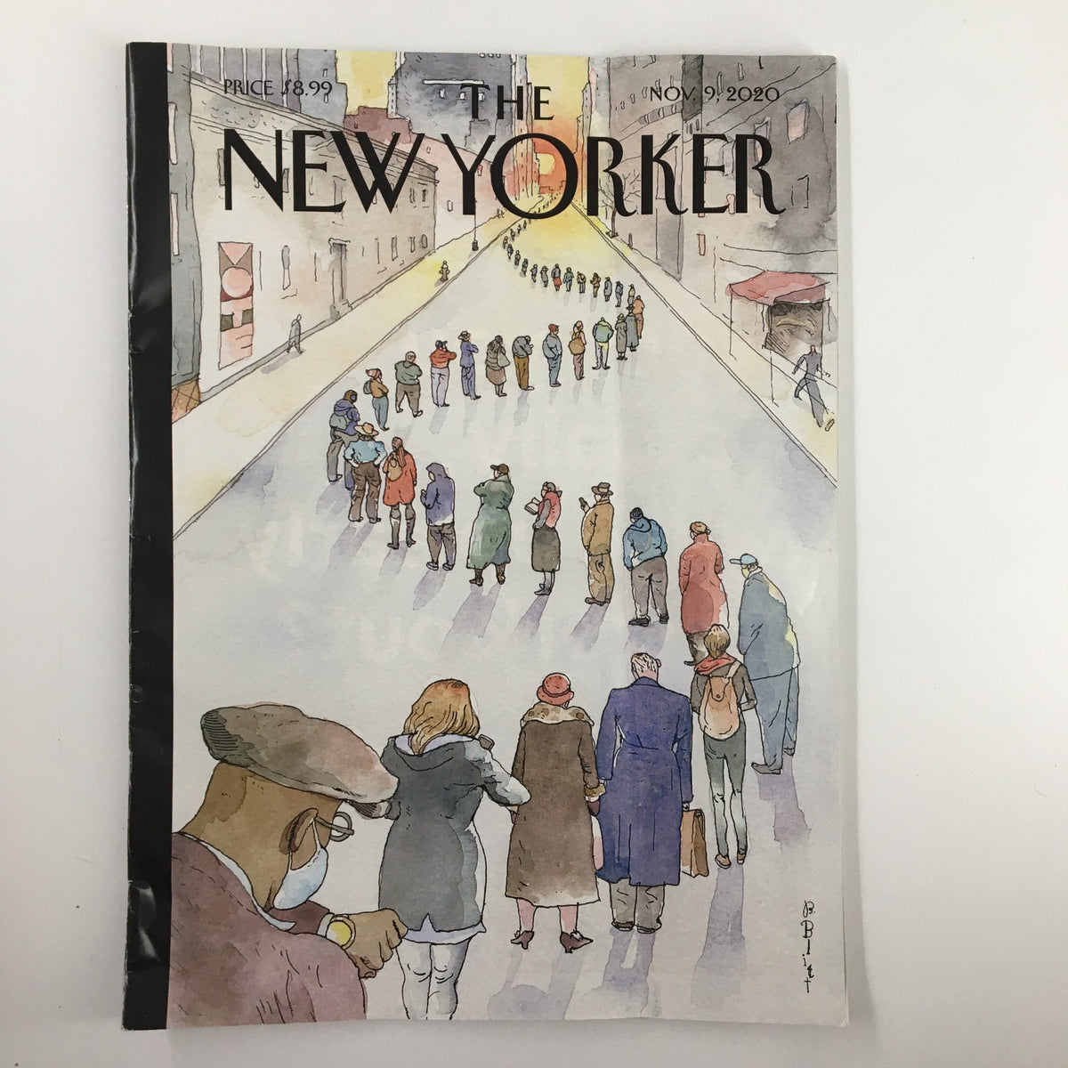 Cover of The New Yorker Magazine November 9 2020 featuring the artwork 'American in Line' by Barry Blitt, depicting a line of individuals in a city setting.