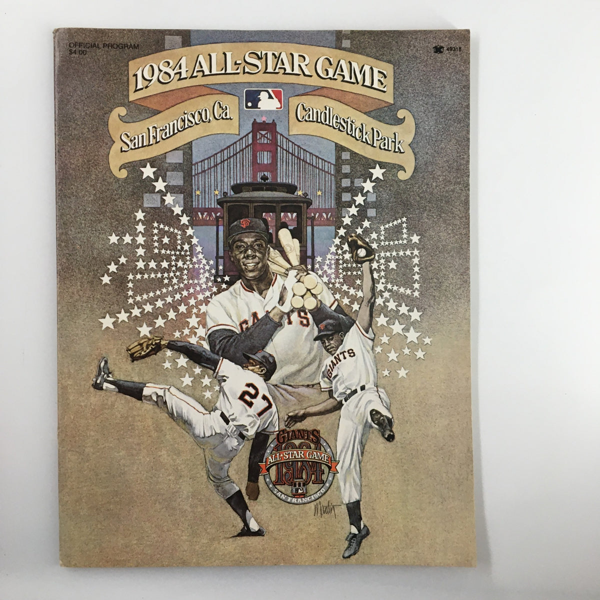 Cover of the 1984 All-Star Game program featuring the San Francisco Giants, Candlestick Park, with a vibrant graphic of players and the Golden Gate Bridge.