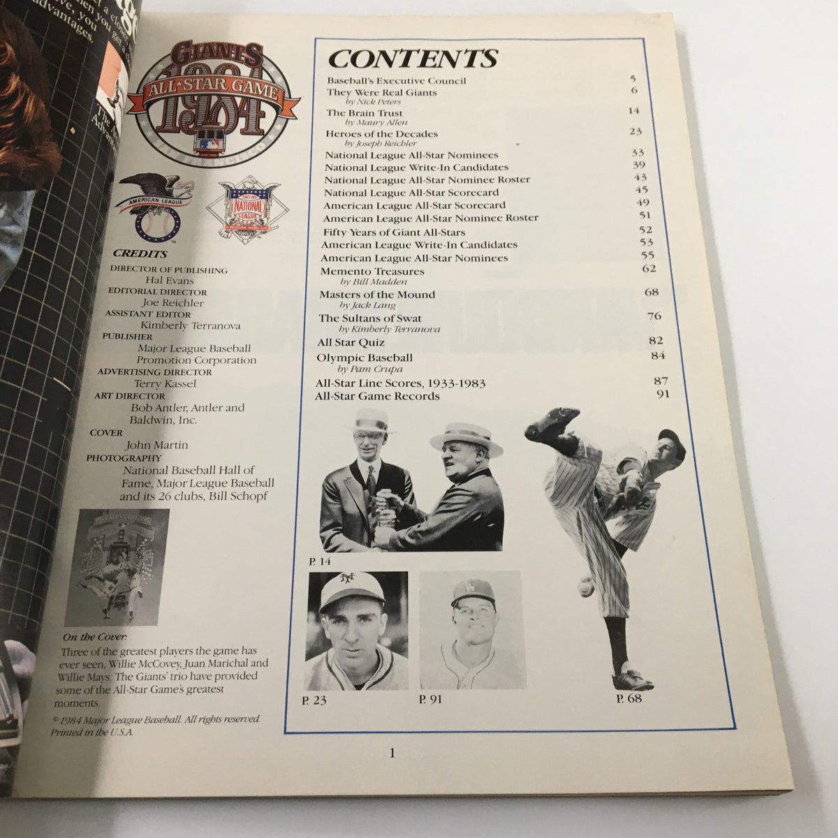Contents page of the 1984 All-Star Game program, listing featured articles and player rosters, celebrating the San Francisco event.