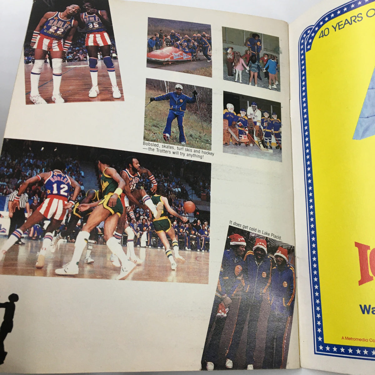 1980 Harlem Globertrotters The Trotters on Tour collage of action shots showcasing the team performing various entertaining basketball stunts, displaying their versatility and flair on the court.