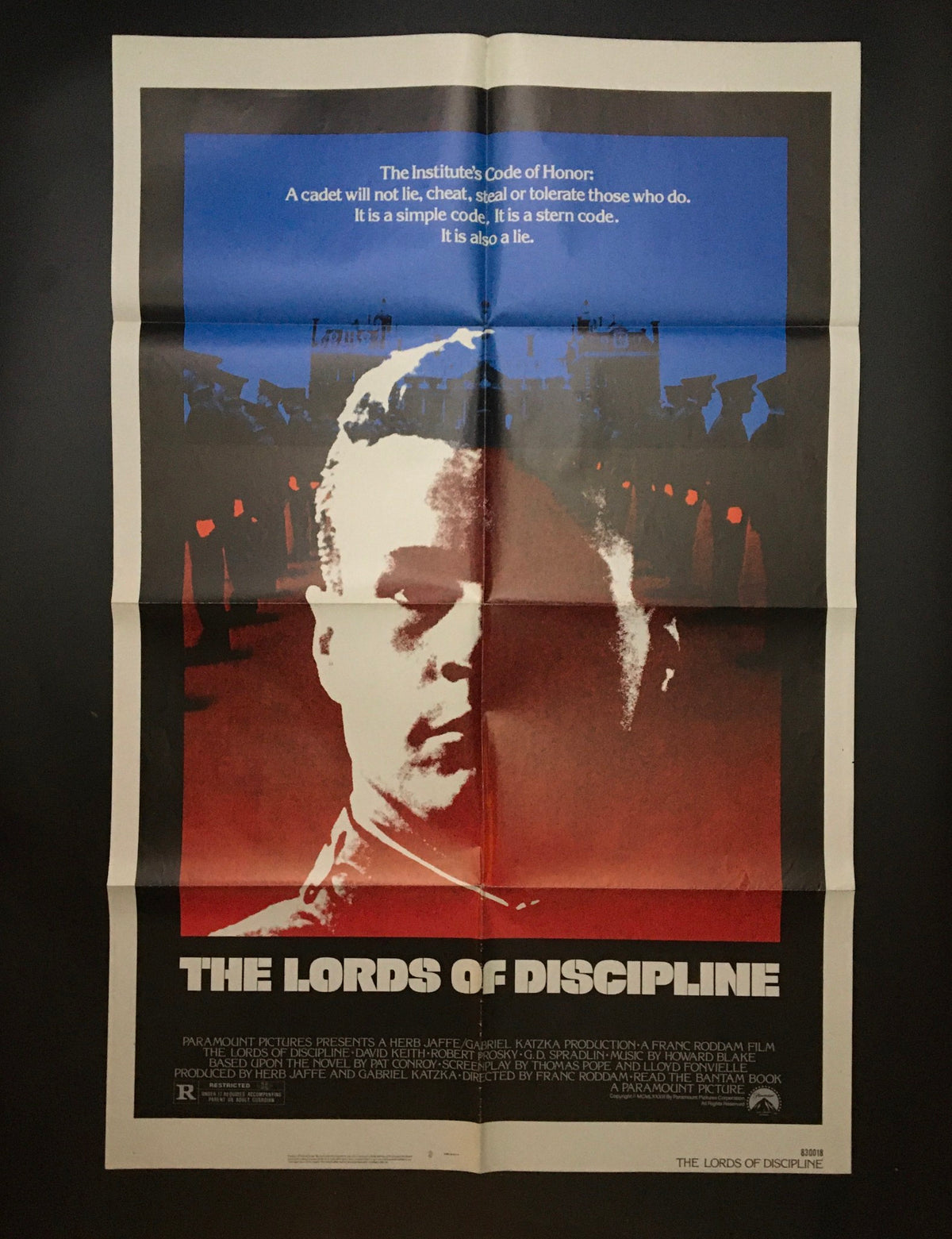 1983 The Lords of Discipline Original Movie Poster featuring David Keith, with a striking visual design highlighting the institute's code of honor. Measures 41" x 27".