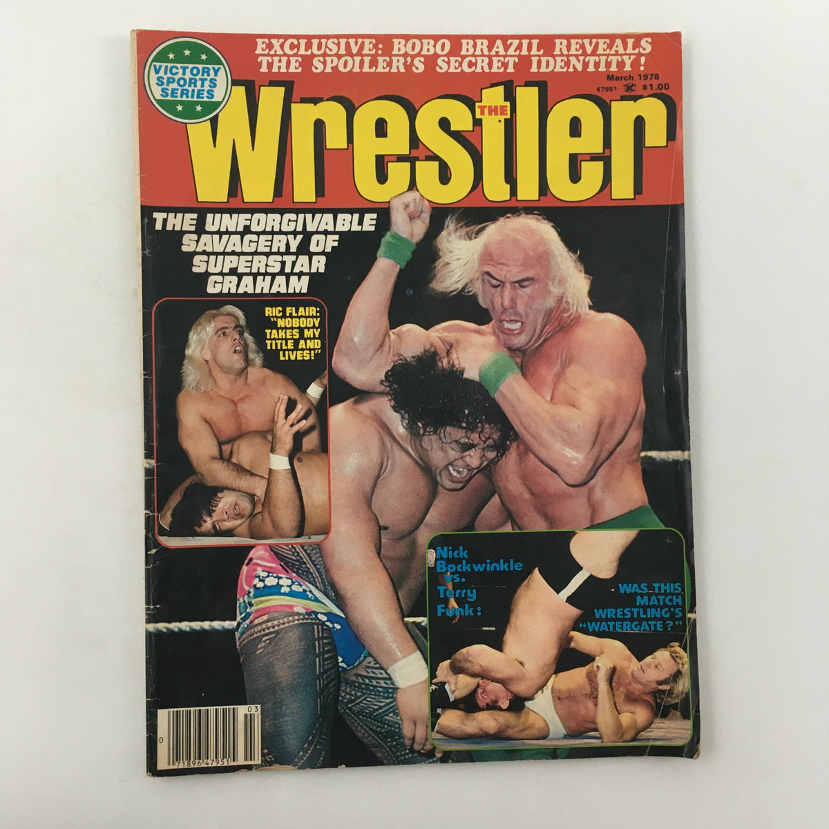 Cover of The Wrestler Magazine March 1978 featuring Rick Flair, Nick Bockwinkle, and Terry Funk in a dramatic wrestling scene.