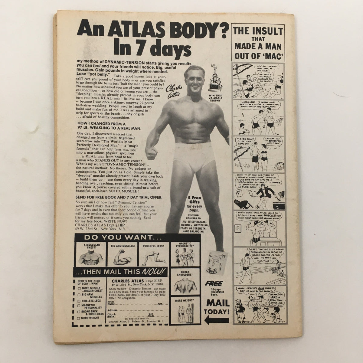 Back cover of The Wrestler Magazine March 1978 showcasing an advertisement for Charles Atlas bodybuilding program.