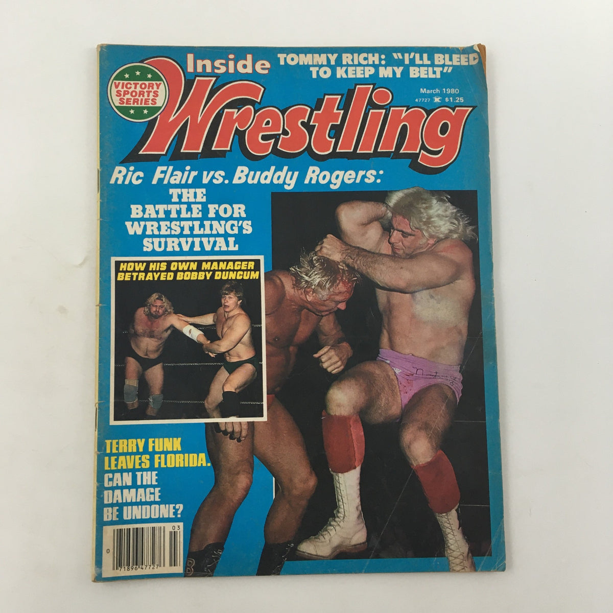 Cover of Inside Wrestling Magazine March 1980 featuring Ric Flair vs Buddy Rogers, highlighting classic wrestling rivalry and Bobby Duncum.
