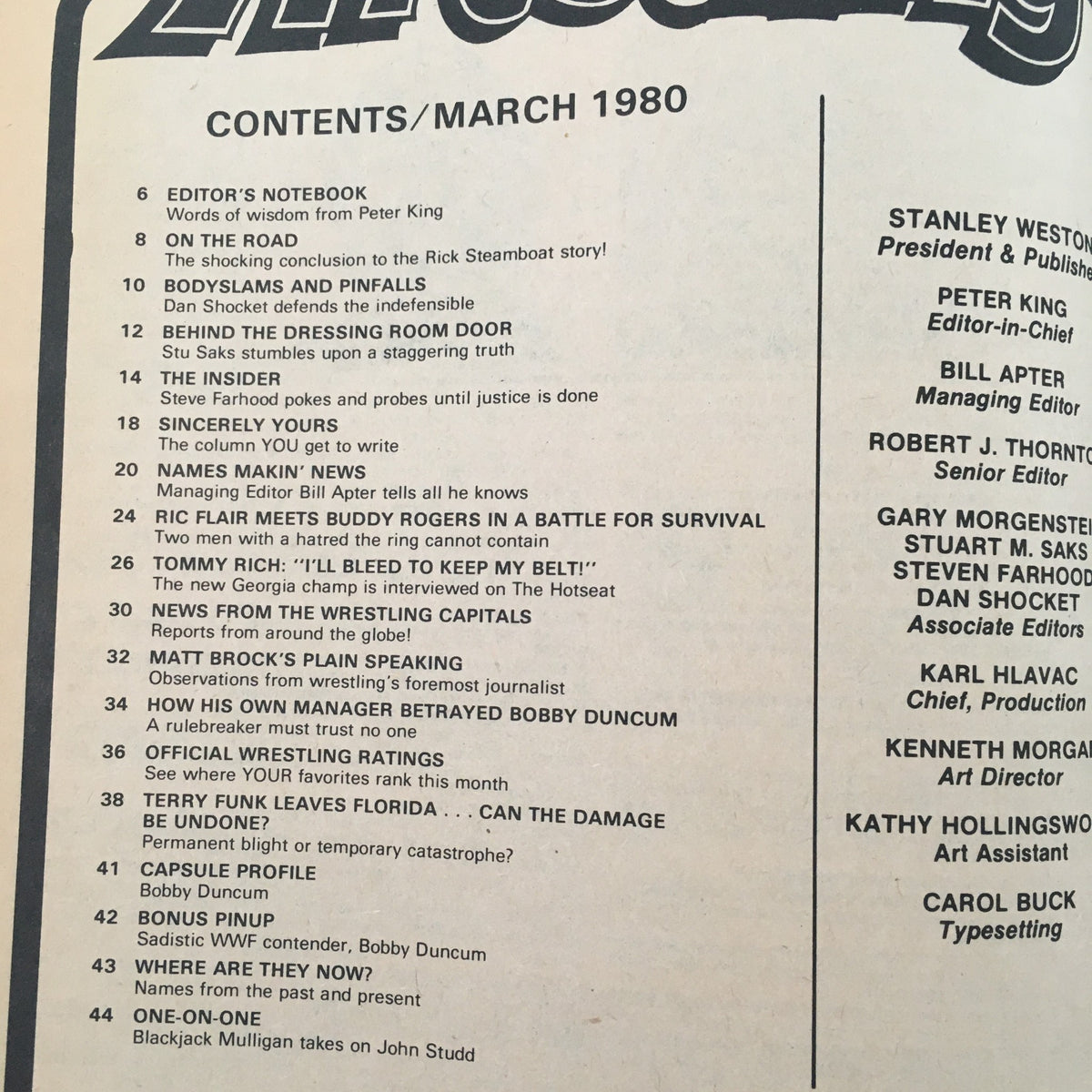 Contents page of Inside Wrestling Magazine March 1980, listing articles including Ric Flair vs Buddy Rogers and features on Bobby Duncum.