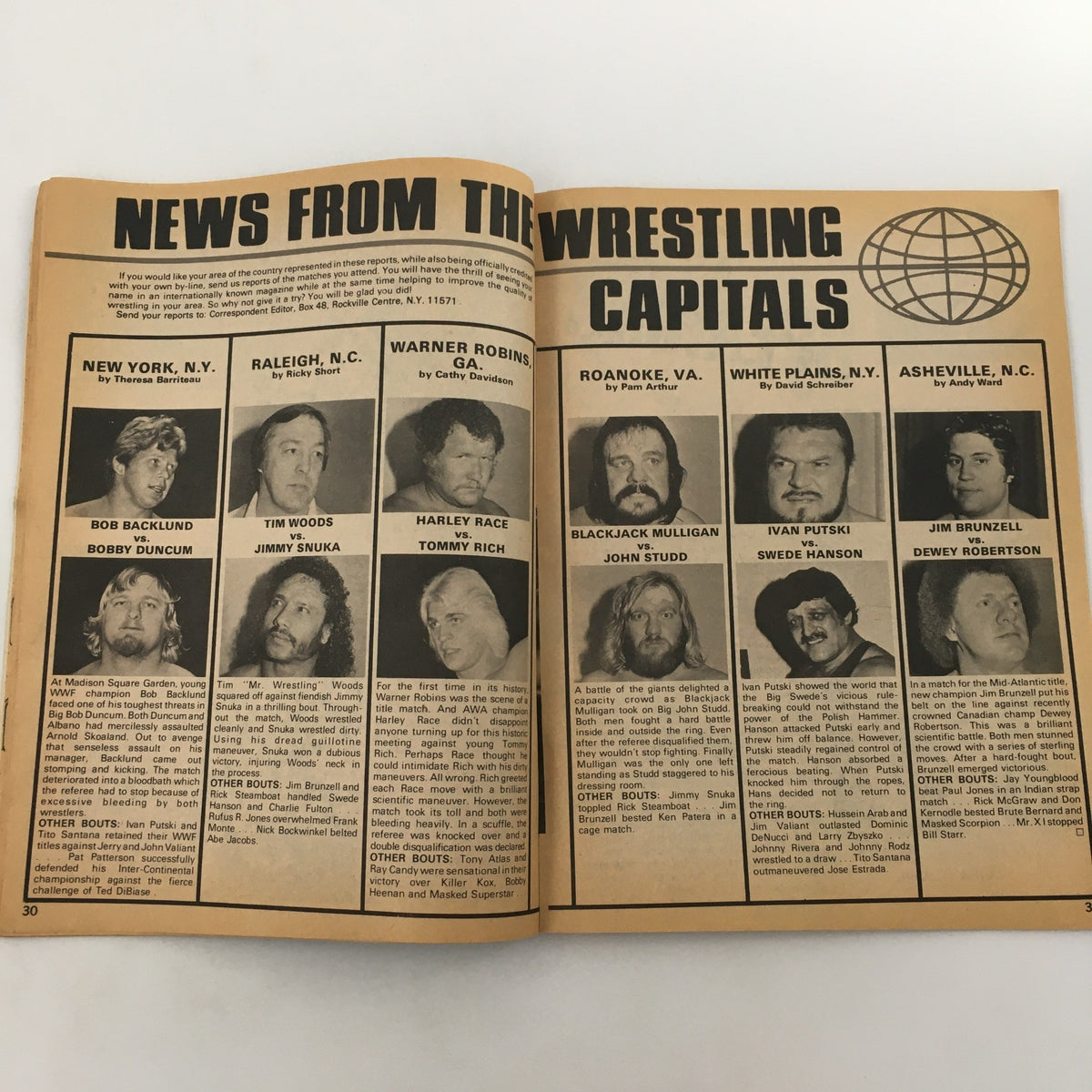 Magazine spread from Inside Wrestling Magazine March 1980 showcasing news from wrestling capitals and featuring wrestlers like Bobby Duncum.