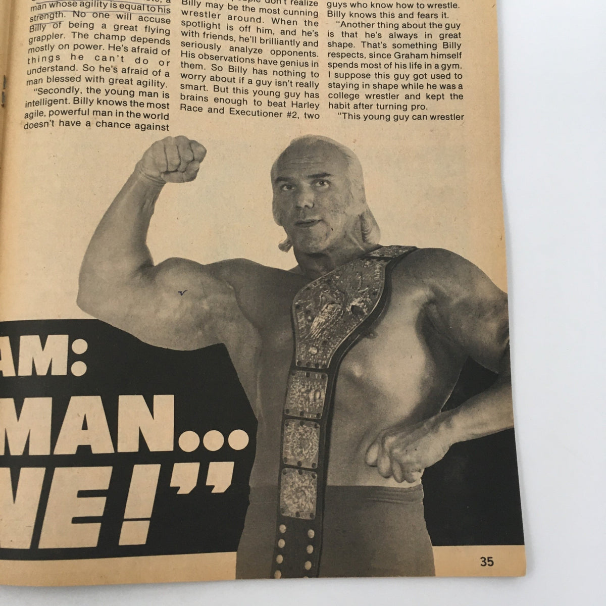 The Wrestler Magazine December 1977 interior page featuring a bold statement about Superstar Billy Graham, emphasizing his charisma and wrestling prowess.