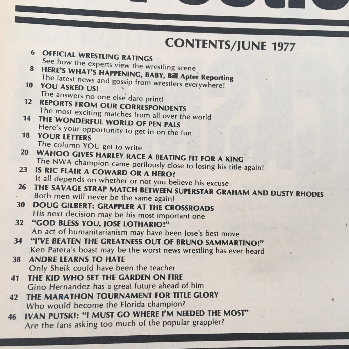 Contents page of The Wrestler Magazine June 1977 detailing articles and features including wrestling ratings and upcoming match reports.