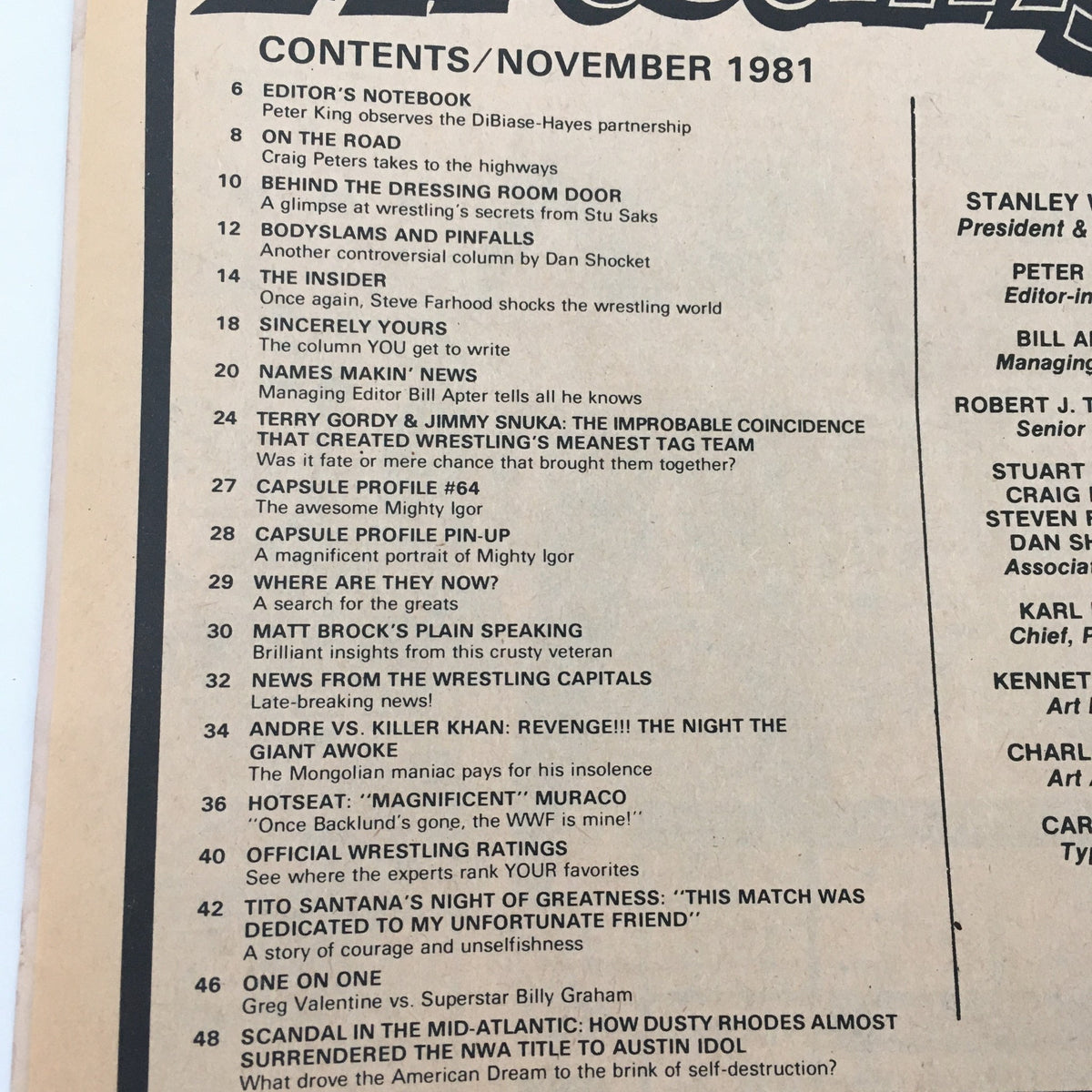 Inside spread of Inside Wrestling Magazine November 1981 detailing various wrestling articles, including content about Andre The Giant and Killer Khan.