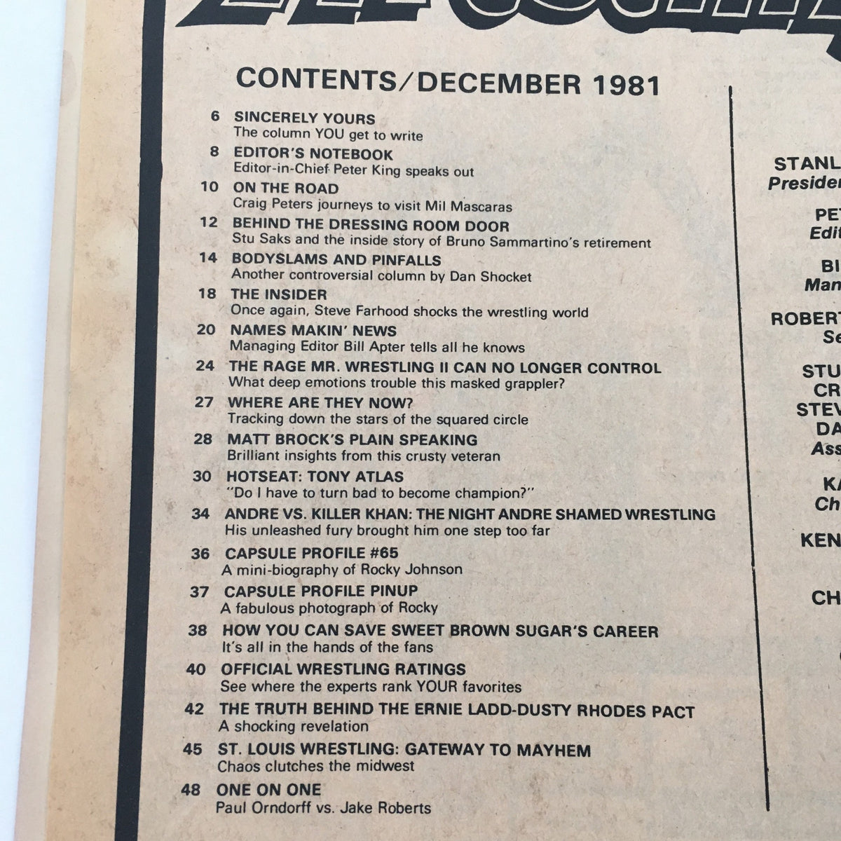 Contents page of Inside Wrestling Magazine December 1981, detailing featured articles and topics including Andre the Giant vs Killer Khan.