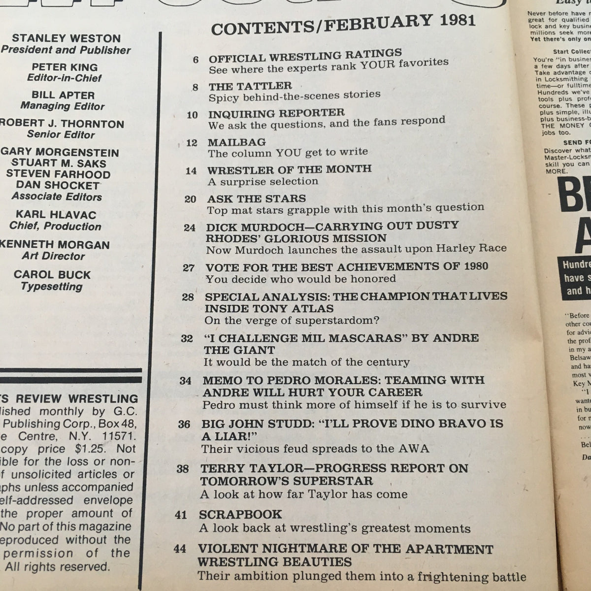 Contents page of Sports Review Wrestling Magazine February 1981 detailing various articles and features including Dick Murdoch and Pedro Morales.