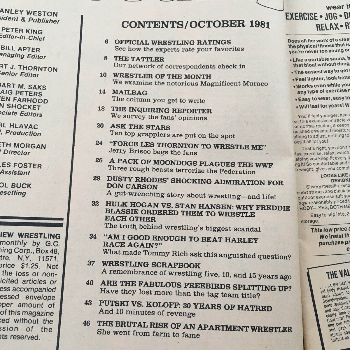 Contents page of Sports Review Wrestling Magazine October 1981, detailing articles including features on Hulk Hogan vs Stan Hansen, with various wrestling rankings and topics.