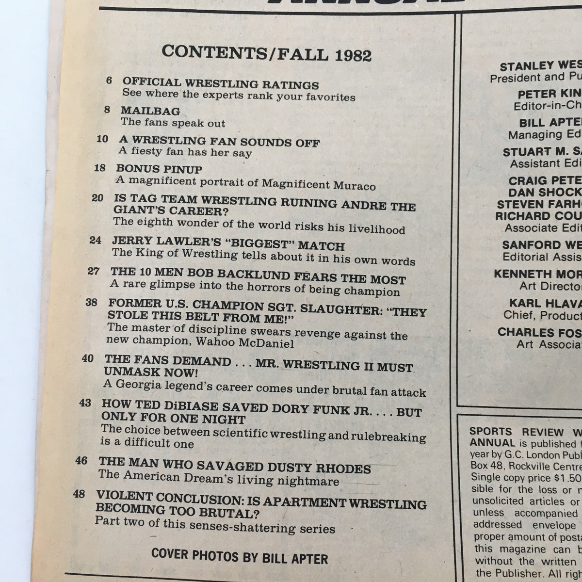 Contents page of Sports Review Wrestling Magazine Fall 1982, listing articles about wrestling stars like Sgt. Slaughter and Andre the Giant.