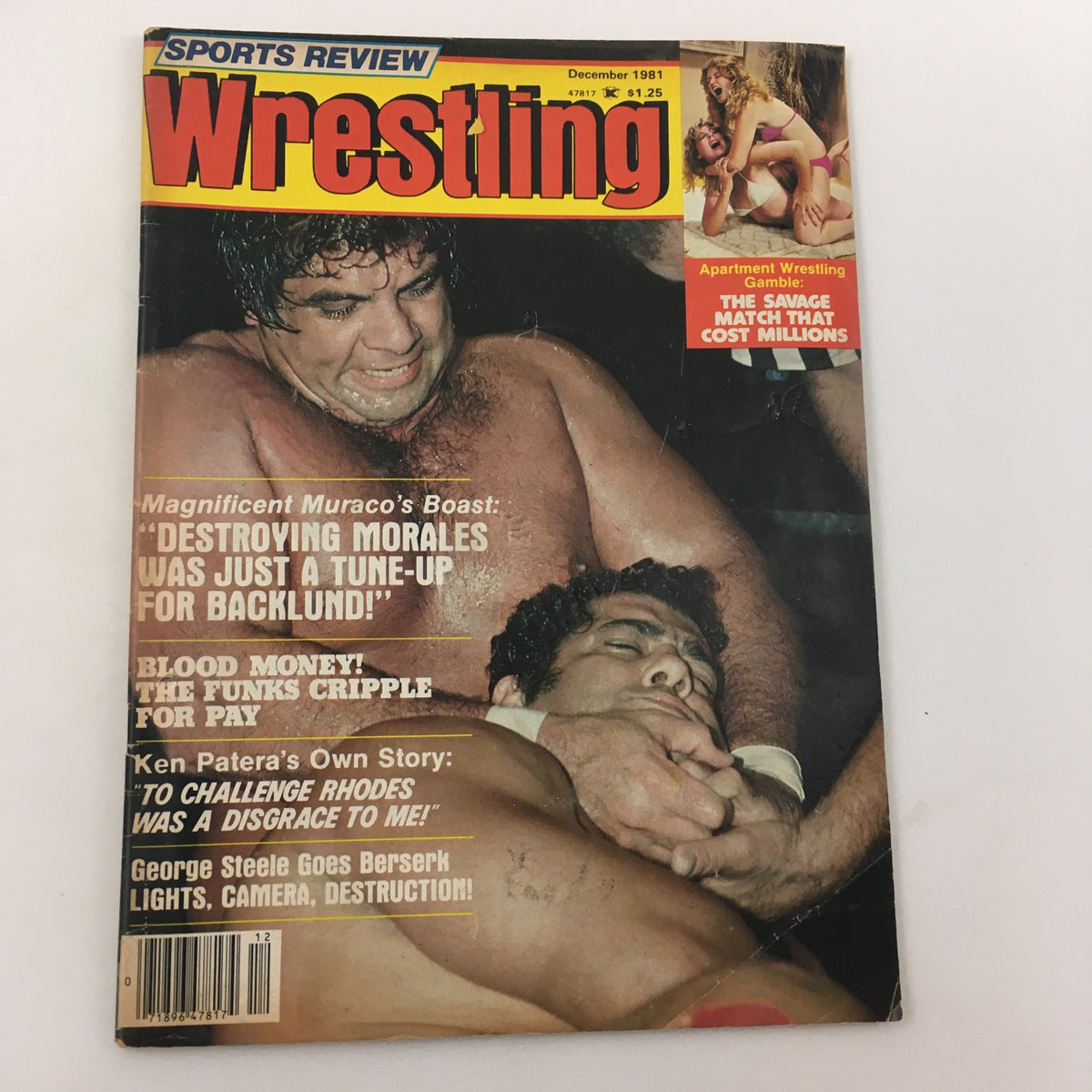 Cover of Sports Review Wrestling Magazine December 1981 featuring Hulk Hogan and Andre the Giant, showcasing a wrestling match scene and promotional highlights of the issue.