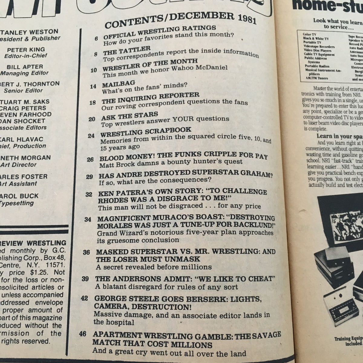 Table of contents page from Sports Review Wrestling Magazine December 1981, listing articles and features including interviews and match summaries.