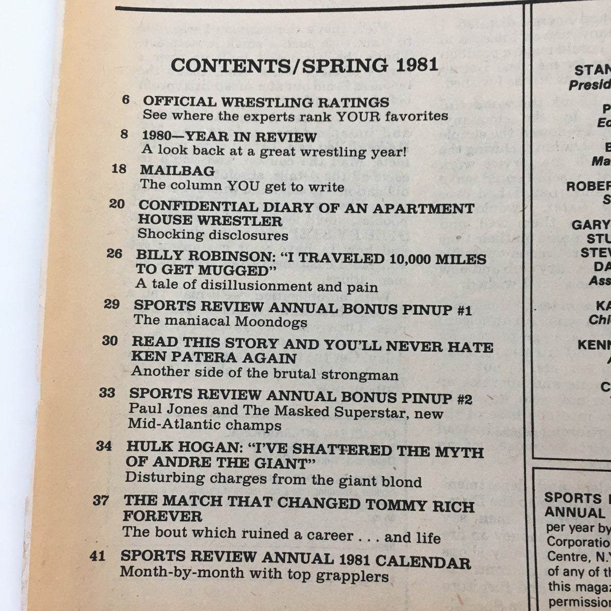 Contents page of Sports Review Wrestling Magazine Spring 1981, detailing various articles including the feature on Hulk Hogan and Andre the Giant.