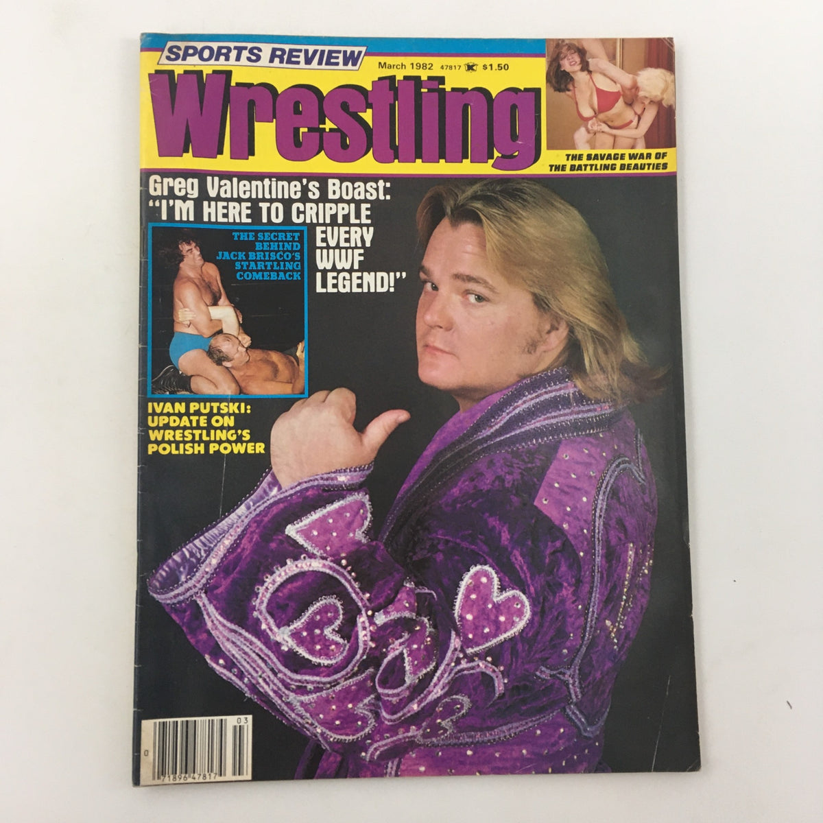 Cover of Sports Review Wrestling Magazine from March 1982 featuring Greg Valentine in a purple outfit and the headline about his boast to cripple every WWF legend.