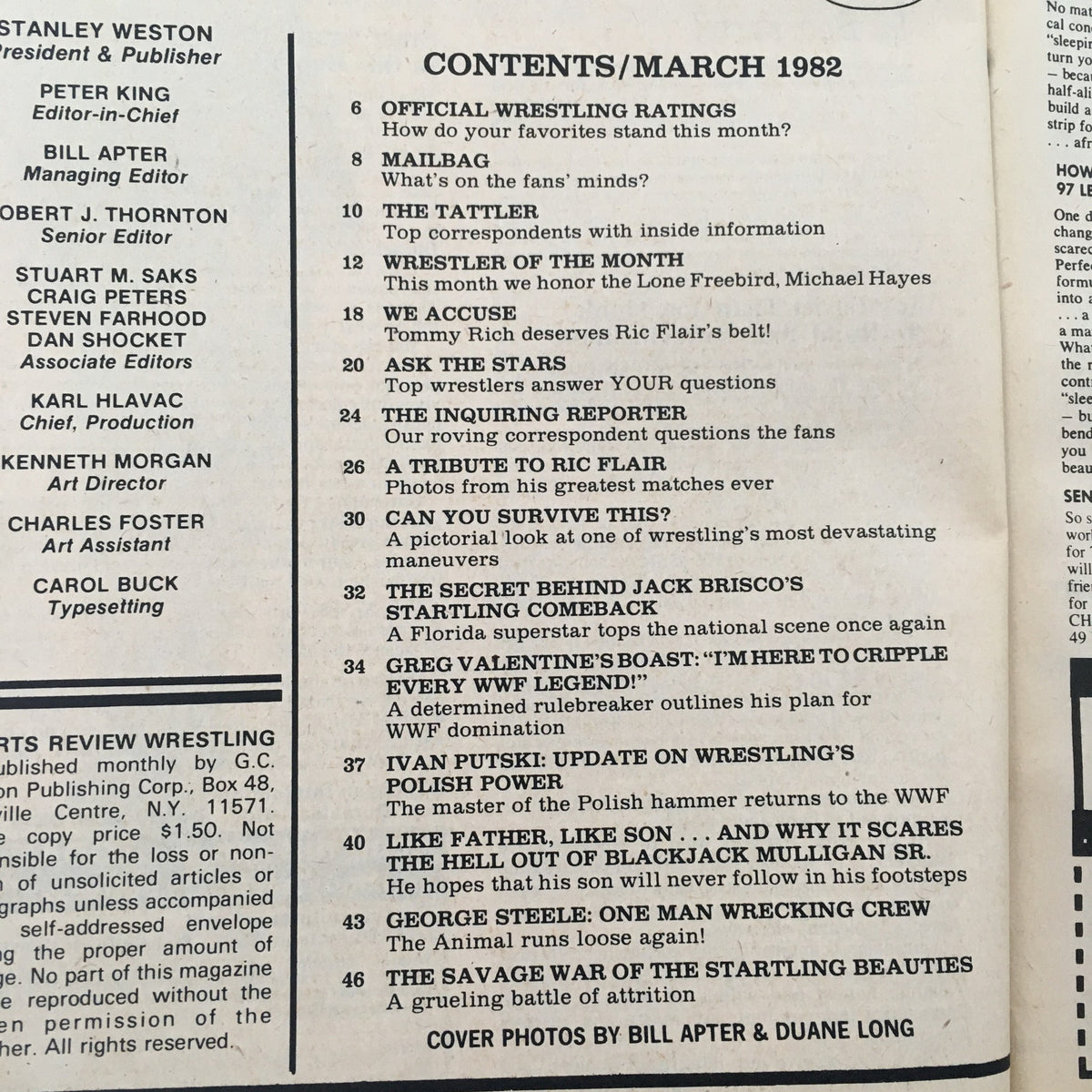 Table of contents page from the March 1982 Sports Review Wrestling Magazine, highlighting articles and features including contributions by notable wrestling figures.
