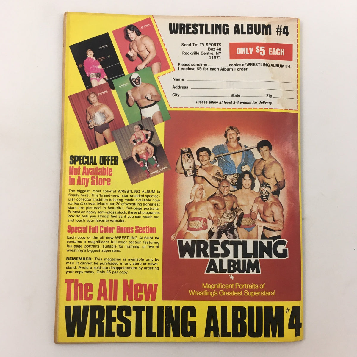 Back cover of the Sports Review Wrestling Magazine March 1982 showcasing a promotional offer for Wrestling Album #4 and featuring images of various wrestling superstars.
