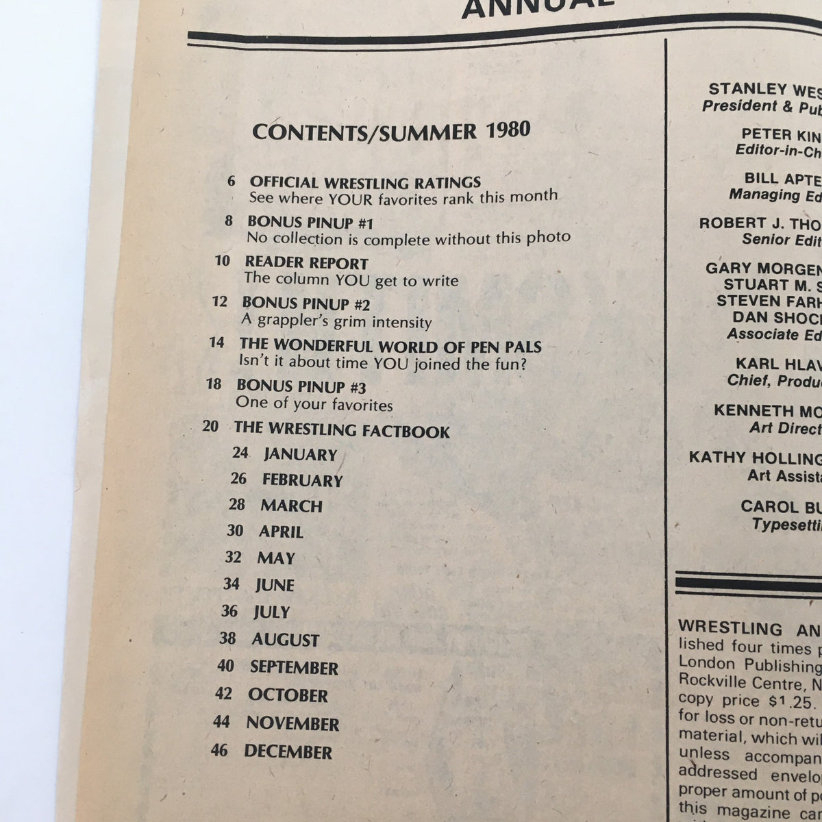 Contents page of WWF Wrestling Magazine Summer 1980, listing articles and features including Official Wrestling Ratings and bonus pinups.