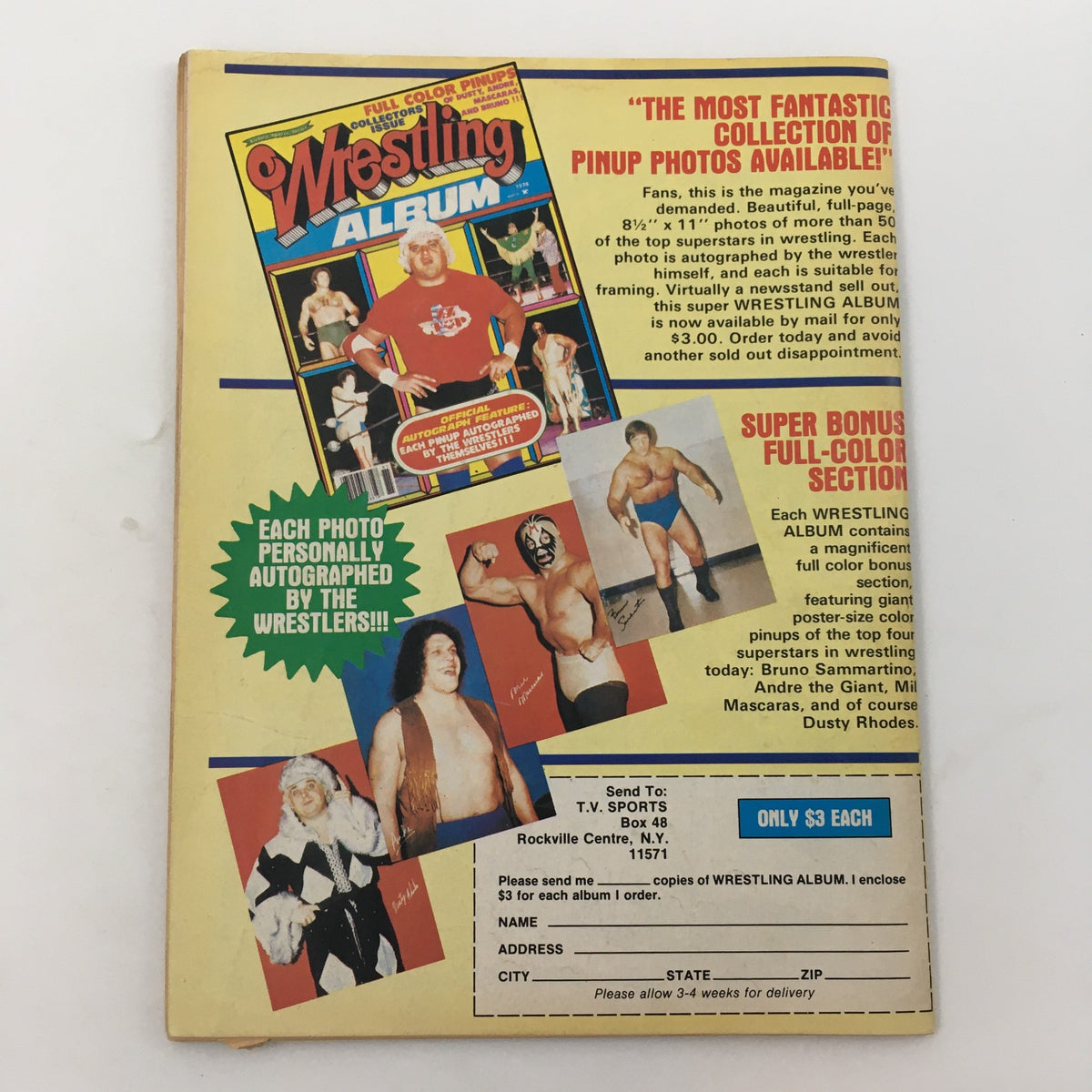 Back cover of WWF Wrestling Magazine Summer 1980 advertising the Wrestling Album with pinup photos and autographs from top wrestlers.