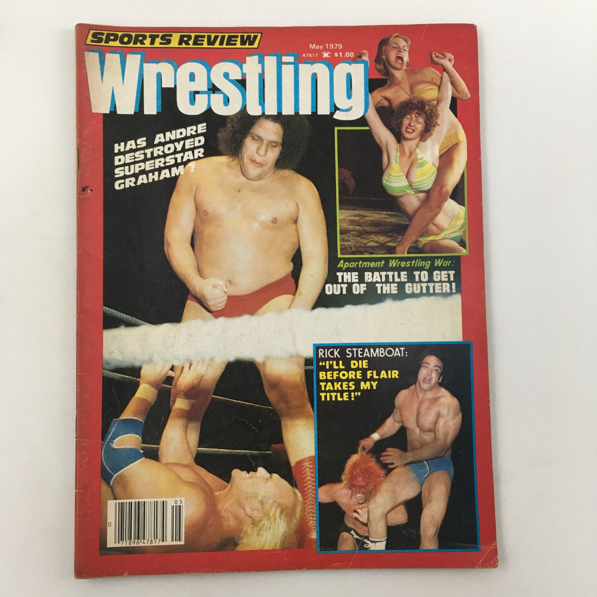 Cover of Sports Review Wrestling Magazine May 1979 featuring Andre the Giant and Billy Graham, highlighting the cover story about their historic wrestling match.