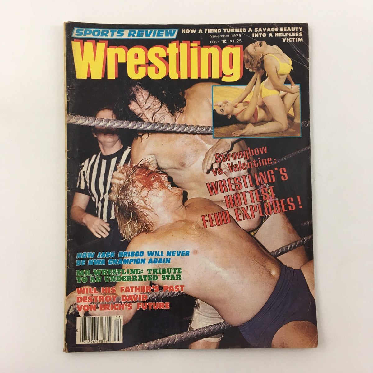 Cover of Sports Review Wrestling Magazine November 1979 featuring Jay Strongbow vs. Greg Valentine, showcasing intense wrestling action with vivid imagery and bold headlines.