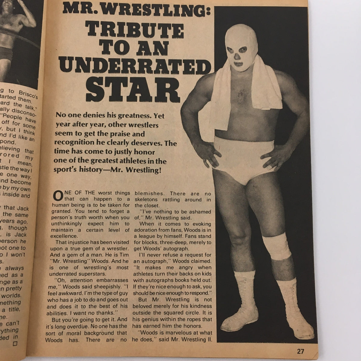 Inside page of Sports Review Wrestling Magazine November 1979 titled 'Mr. Wrestling: Tribute to an Underrated Star' highlighting the legacy of Mr. Wrestling.