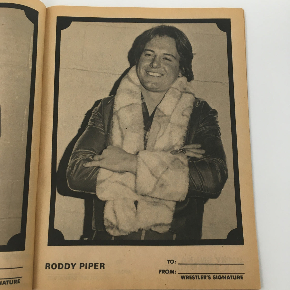 Inside page of Sports Review Wrestling Magazine November 1979 showcasing a photo of wrestler Roddy Piper with a space for wrestler's autograph.