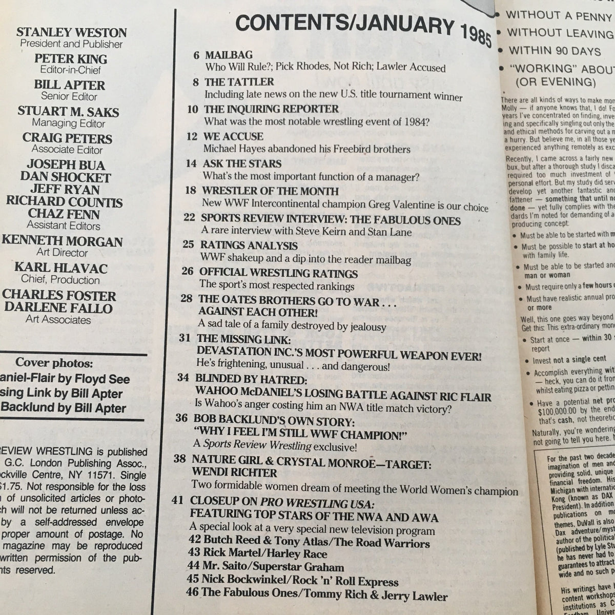 Table of contents from Sports Review Wrestling Magazine January 1985, detailing articles including Wahoo McDaniel vs Ric Flair.
