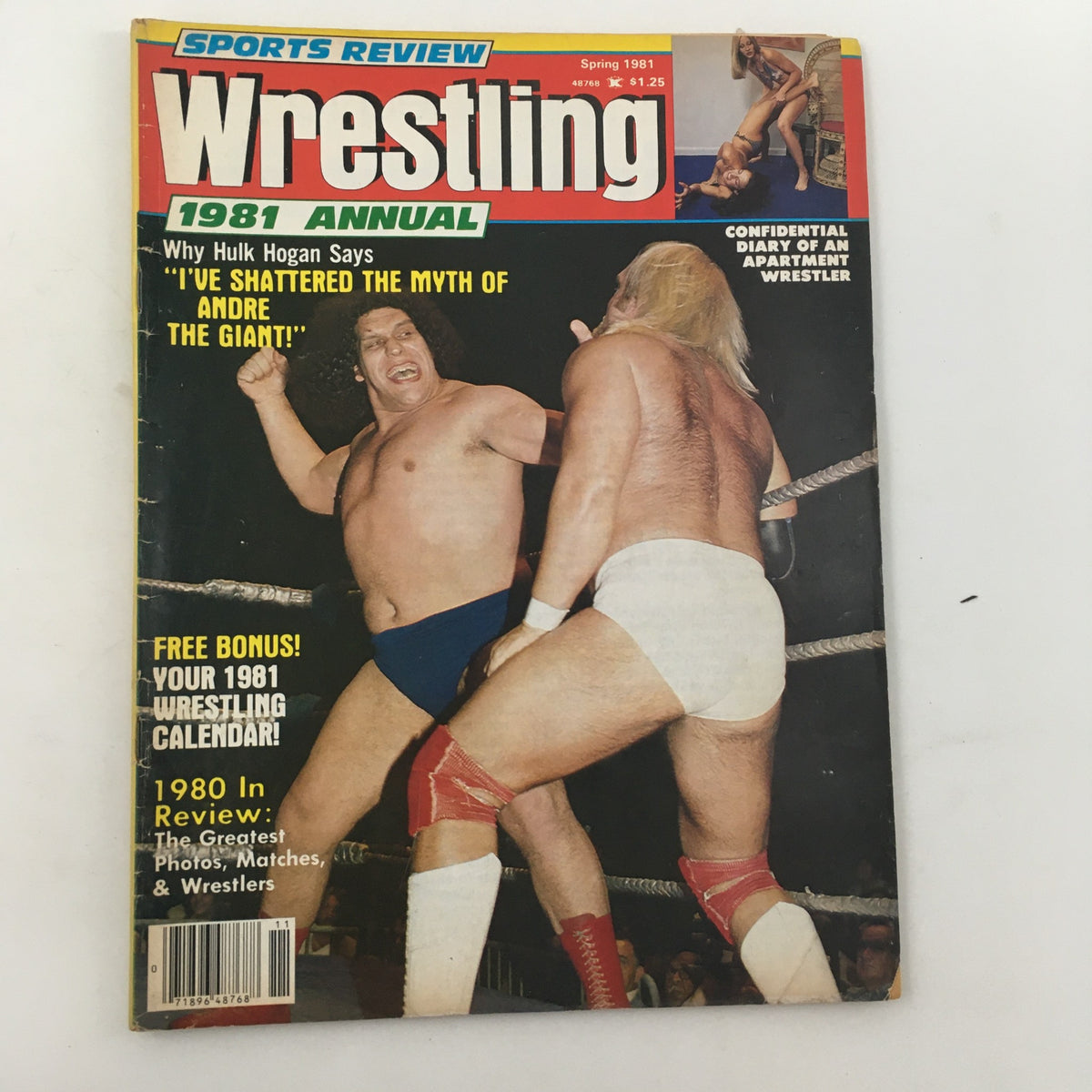 Cover of Sports Review Wrestling Magazine Spring 1981 featuring Andre the Giant and Hulk Hogan along with promotional text about wrestling.