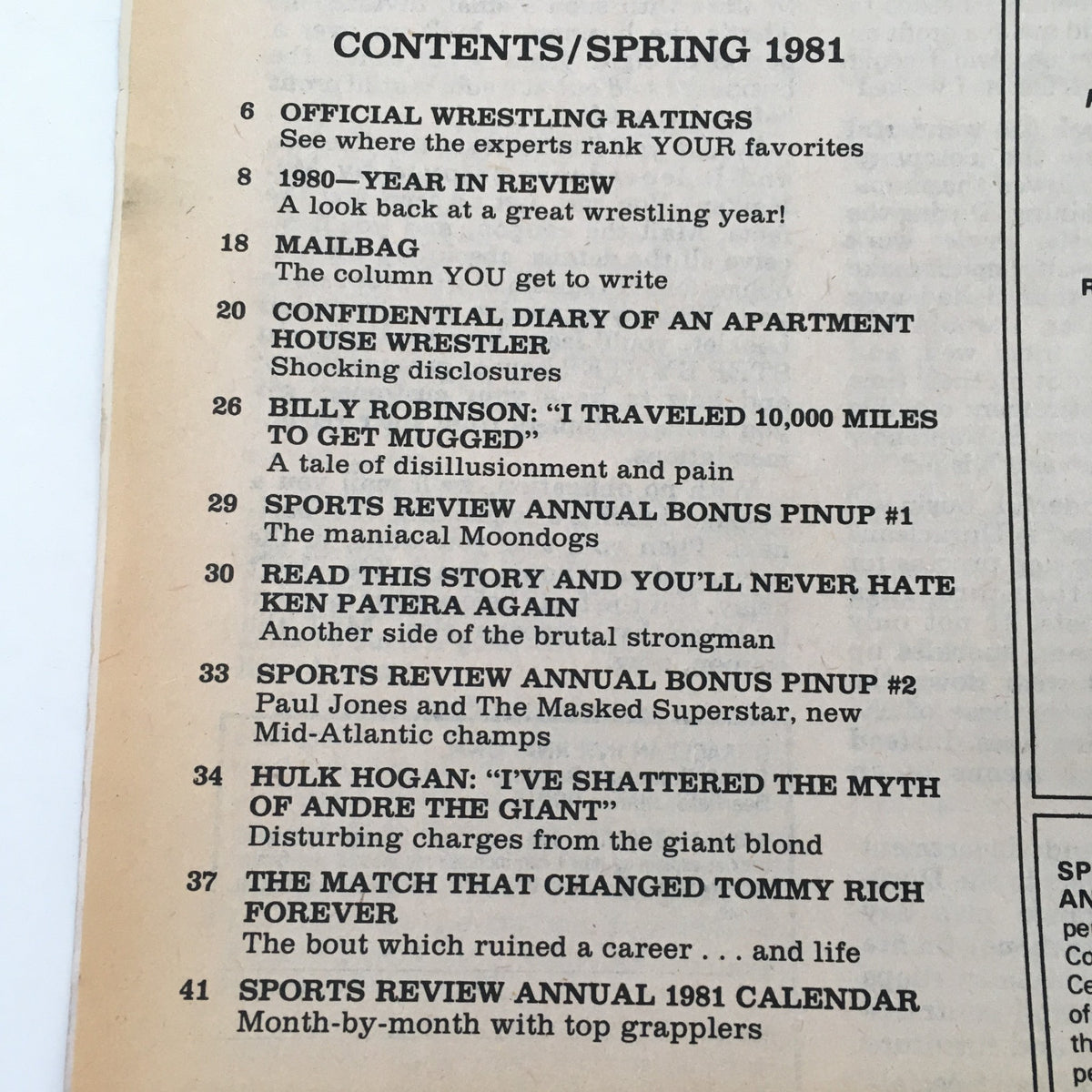 Contents page of Sports Review Wrestling Magazine Spring 1981 detailing articles, ratings, and featured wrestlers.