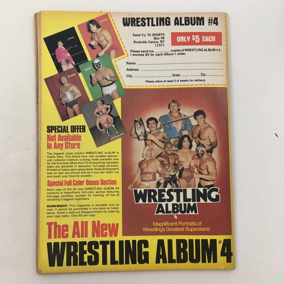 Back cover of Sports Review Wrestling Magazine Spring 1981 promoting Wrestling Album #4 with images of famous wrestlers and subscription details.