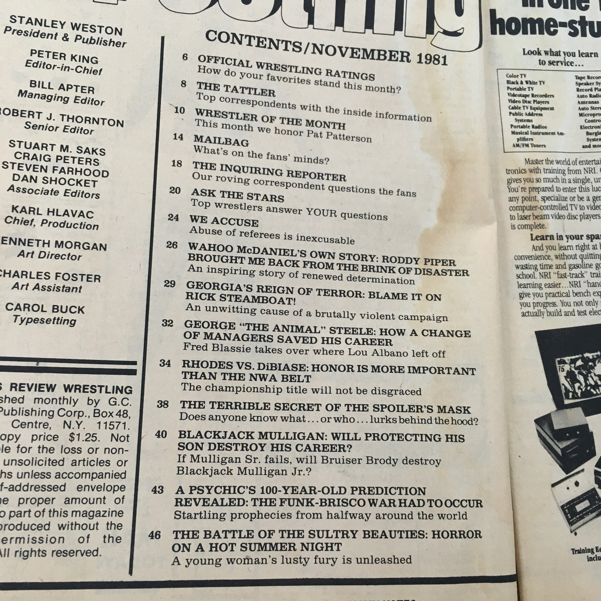 Contents page of Sports Review Wrestling Magazine November 1981, listing articles including Blackjack Mulligan and wrestling ratings.