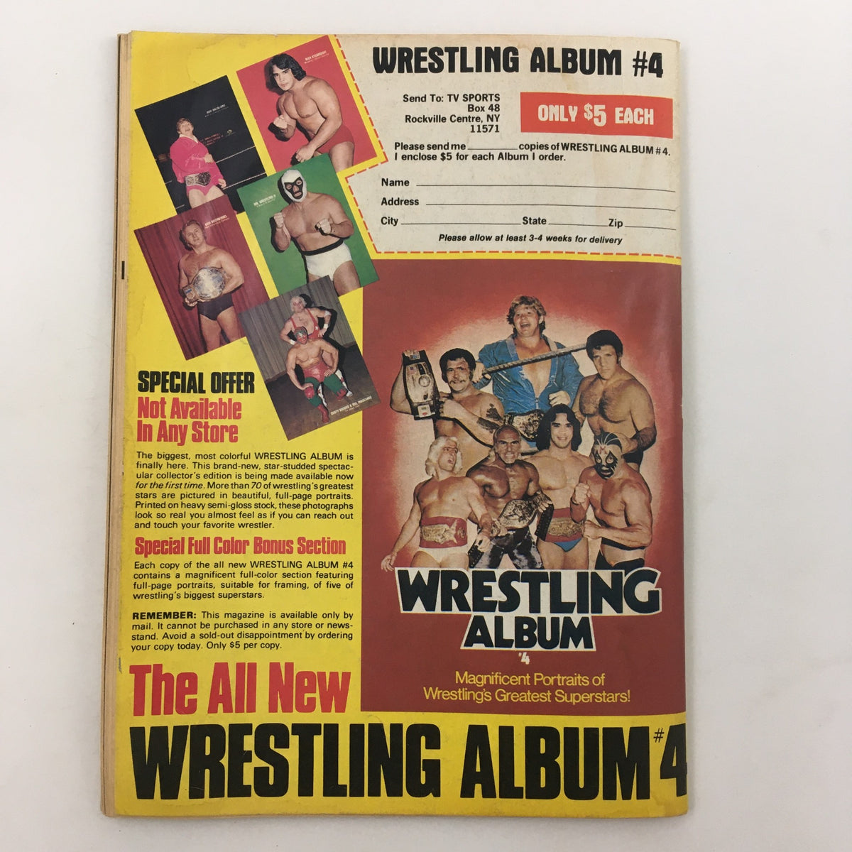 Cover of Wrestling Album #4 featuring a collage of wrestling superstars, including promotional details and a special offer. Sports Review Wrestling Magazine November 1981.