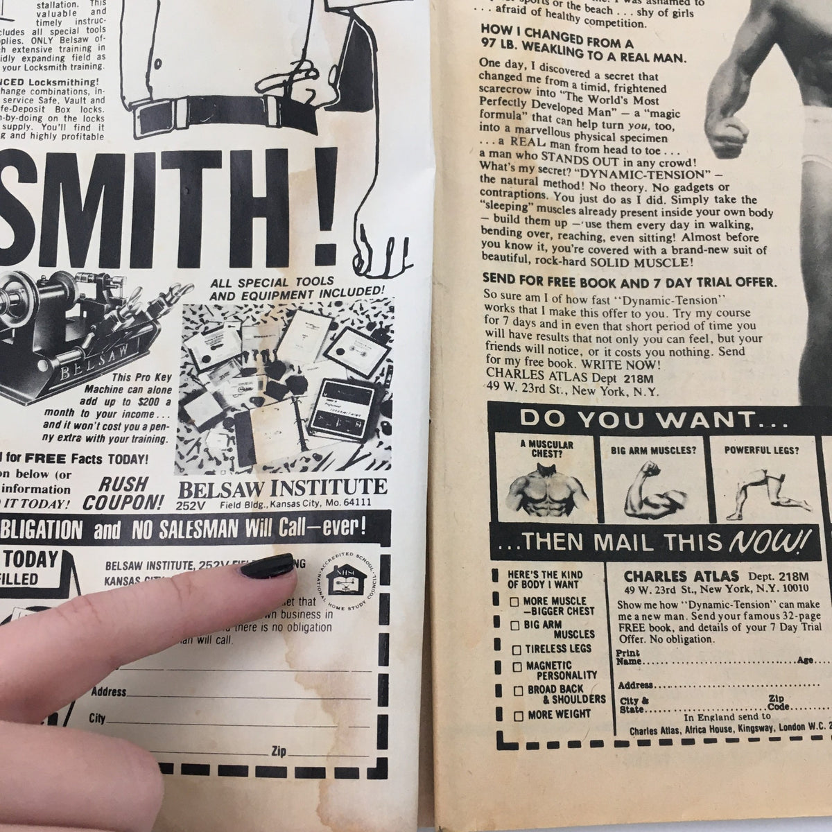 Vintage advertisement for Charles Atlas promoting body development, highlighting strength and fitness methods. Sports Review Wrestling Magazine November 1981.