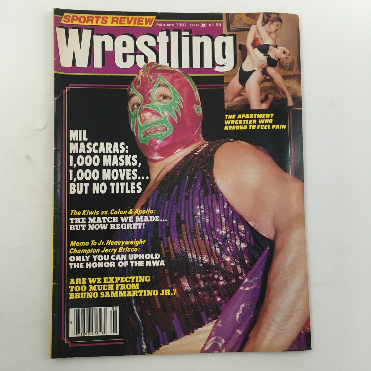 Cover of Sports Review Wrestling Magazine, February 1982, featuring The Kiwis vs. Colon and Apollo