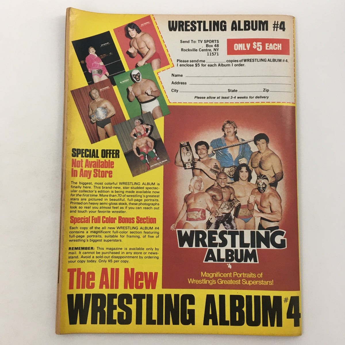 Cover of Sports Review Wrestling Magazine February 1982 featuring Wrestling Album #4 advertisement with notable wrestlers, promoting wrestling memorabilia.