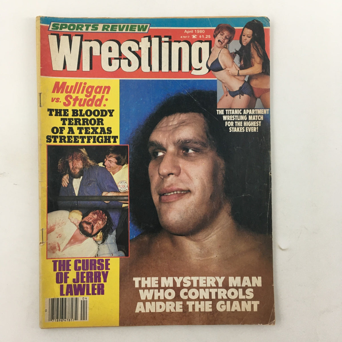 Sports Review Wrestling Magazine April 1980 cover featuring Andre the Giant and the Mystery Man, highlighting topics like Mulligan vs Studd and the curse of Jerry Lawler.