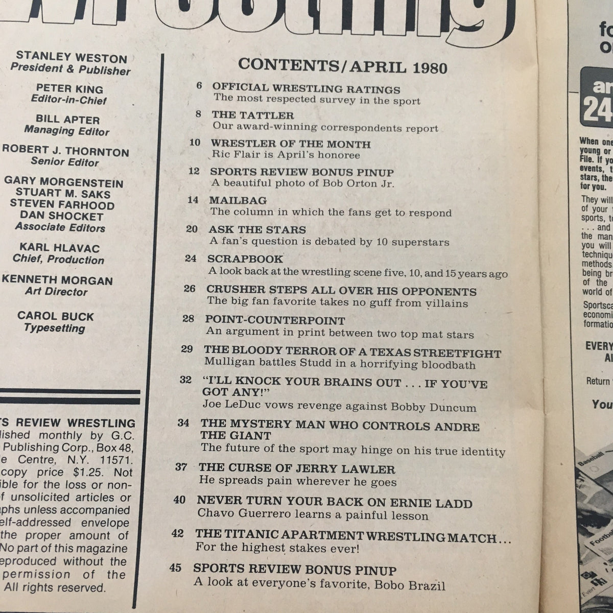 Contents page of Sports Review Wrestling Magazine April 1980, detailing articles including wrestler profiles and the Bloody Terror of a Texas Streetfight.