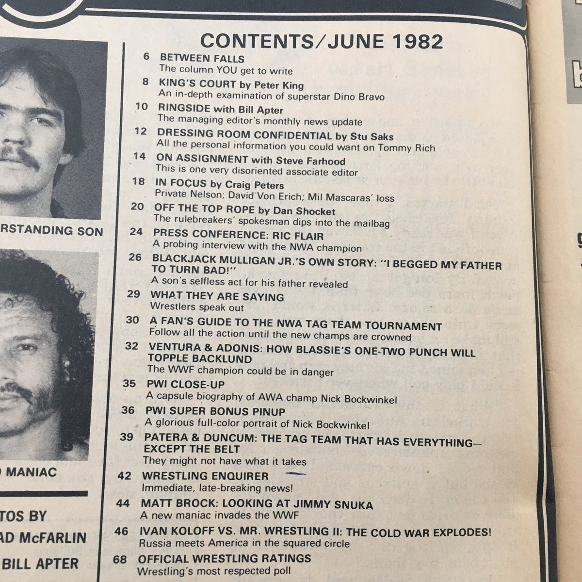 Contents page of Pro Wrestling Illustrated Magazine June 1982, detailing articles including highlights on Ivan Koloff vs. Mr. Wrestling II.