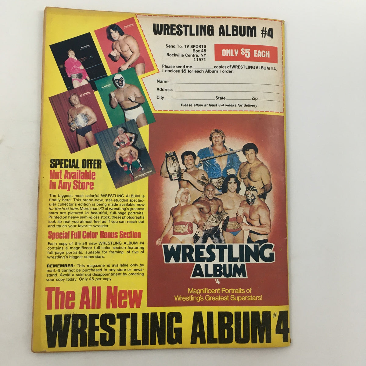 Back cover of Pro Wrestling Illustrated Magazine June 1982 promoting Wrestling Album #4, featuring iconic wrestling stars.