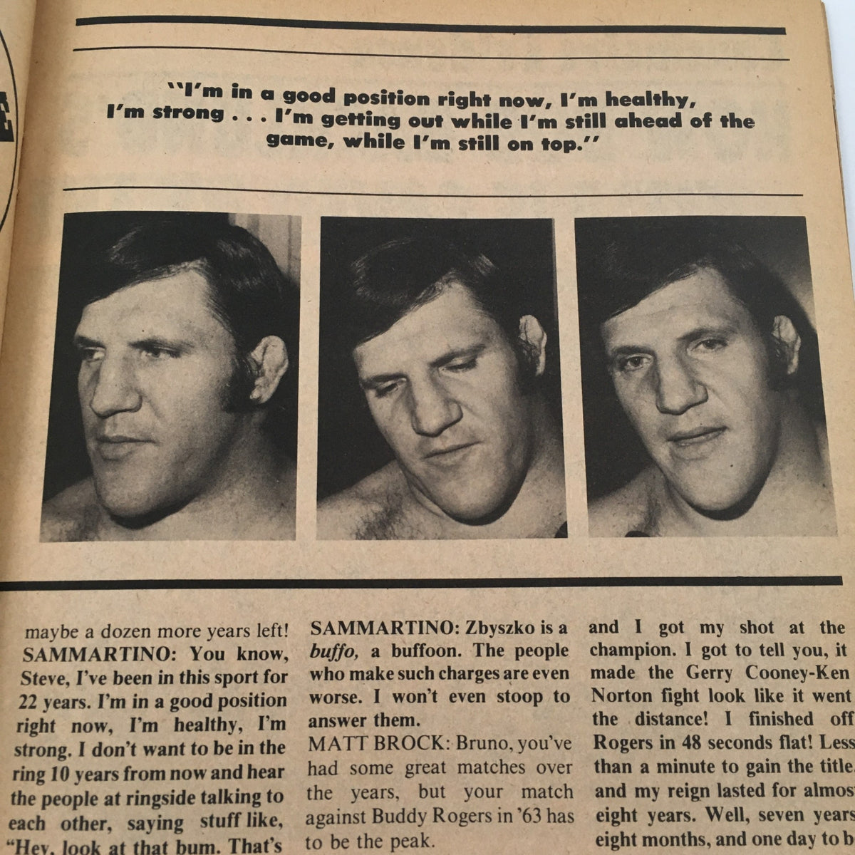 Three images of Bruno Sammartino discussing his career and reflections on wrestling, featured in Pro Wrestling Illustrated Magazine February 1982.