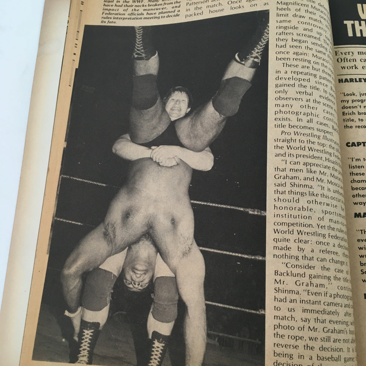 Vintage wrestling image showcasing a dramatic scene in the ring, highlighted in Pro Wrestling Illustrated Magazine February 1982, emphasizing the intensity of professional wrestling.